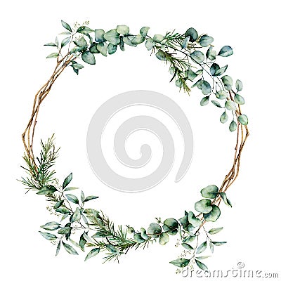 Watercolor eucalyptus branch wreath. Hand painted eucalyptus branch and leaves isolated on white background. Floral Cartoon Illustration