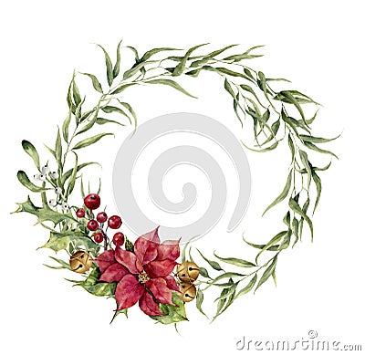 Watercolor eucalyptus wreath with bells, holly, mistletoe and poinsettia. Eucalyptus branch and christmas decor for Stock Photo