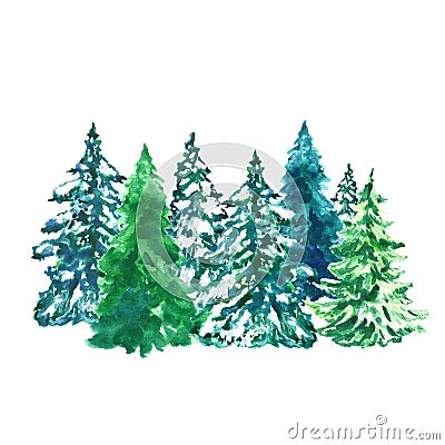 Watercolor evegreen pine trees illustration with snow, isolated on white background. Winter forest landscape Cartoon Illustration