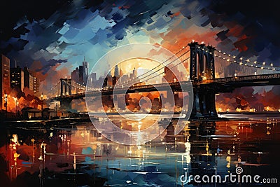 Watercolor evening sunset over the Brooklyn Bridge in New York. Urban landscape. Generative AI Stock Photo