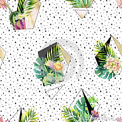 Watercolor exotic abstract terrarium plants seamless pattern. Cartoon Illustration