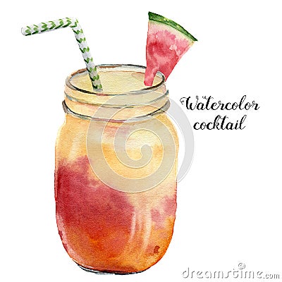 Watercolor exotic cocktail with watermelon. Hand painted summer tropical drink in jar isolated on white background. Food Cartoon Illustration