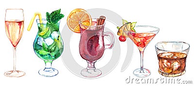Watercolor exotic drink alcohol cocktail set isolated Stock Photo