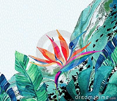 Watercolor exotic flowers, palm leaves, grunge marble textures, doodles. Cartoon Illustration