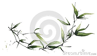 Watercolor exotic greenery semicircular frame. Green bamboo branches, leaves and twigs. Stock Photo
