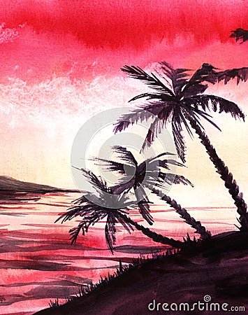 Watercolor exotic landscape of sunset at bay. Dark silhouettes of high palms against amazing scarlet sky with fluffy clouds Cartoon Illustration