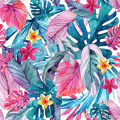 Watercolor exotic leaves and flowers background. Cartoon Illustration