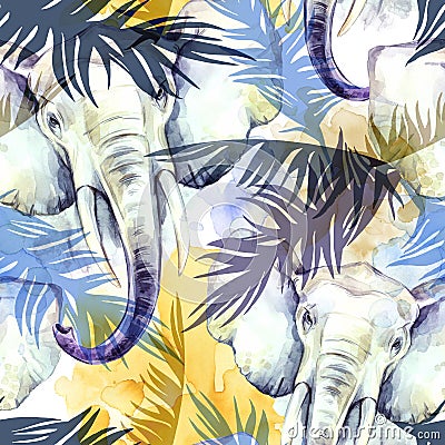 Watercolor exotic seamless pattern. Elephants with colorful tropical leaves. African animals background. Wildlife art Cartoon Illustration