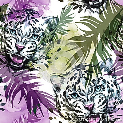 Watercolor exotic seamless pattern. Leopards with colorful tropical leaves. African animals background. Wildlife art Cartoon Illustration