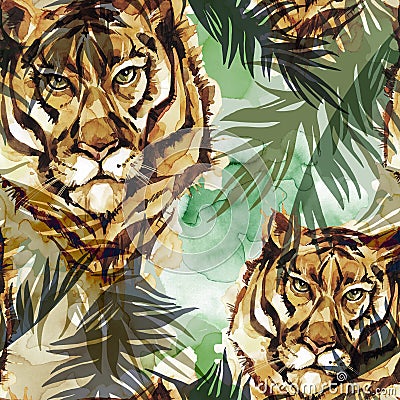 Watercolor exotic seamless pattern. Tigers with colorful tropical leaves. African animals background. Wildlife art Cartoon Illustration