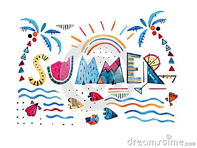 Watercolor exotic summertime background. Cartoon Illustration