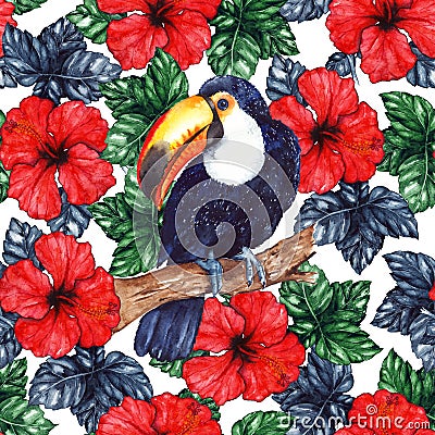 Watercolor exotic tropical flower hibiscus animal bird toucan seamless pattern texture background Stock Photo