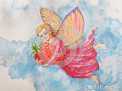 Watercolor Fairy garden magical creature. Little elf angel in green leaves pink flowers. Abstract summer background Cartoon Illustration