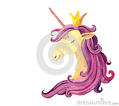 Watercolor fairy tale card with magic unicorn Stock Photo