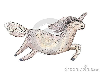 Watercolor fairy tale card with magic unicorn isolated on white. Cartoon Illustration