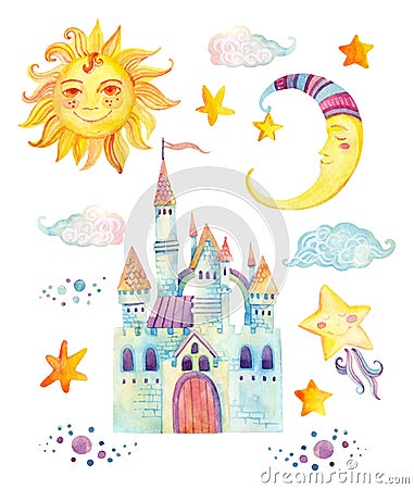 Watercolor fairy tale collection with magic castle, sun, moon, cute little star and fairy clouds Stock Photo