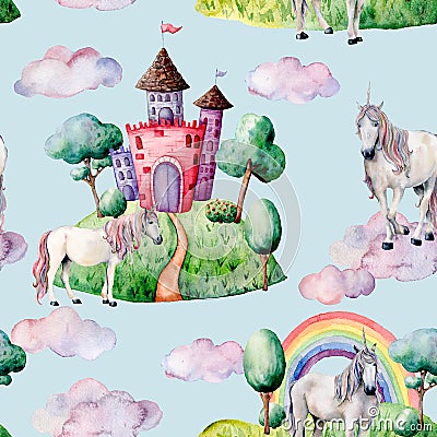Watercolor fairy tale pattern witn unicorn, cloud and castle. Hand painted green trees and bushes, castle, rainbow Stock Photo