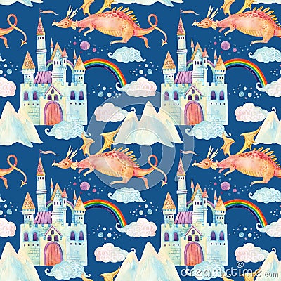 Watercolor fairy tale seamless pattern with cute dragon, magic castle, mountains and fairy clouds Cartoon Illustration