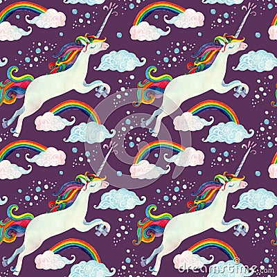 Watercolor fairy tale seamless pattern with flying unicorn, rainbow, magic clouds and rain Stock Photo