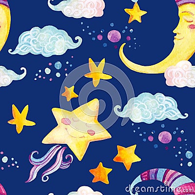 Watercolor fairy tale seamless pattern with magic sun, moon, cute little star and fairy clouds Cartoon Illustration