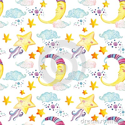 Watercolor fairy tale seamless pattern with magic sun, moon, cute little star and fairy clouds Cartoon Illustration