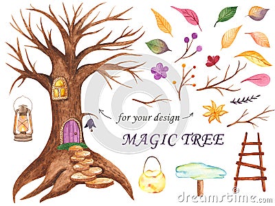 Watercolor fairy tree for design. Cartoon Illustration