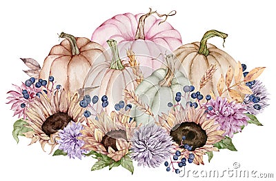 Watercolor fall flowers, sunflowers, autumn leaves, berries in the pumpkin. Beautiful floral and pumpkin arrangement. Stock Photo