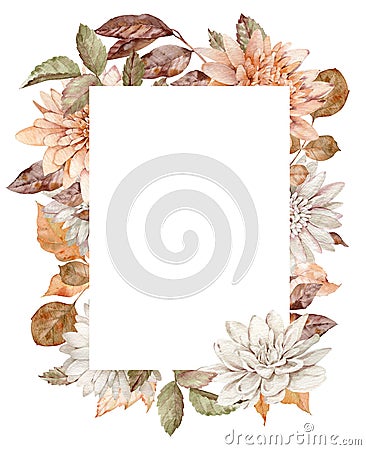 Watercolor fall flowers vertical frame. Hand-drawn floral autumn template. Chrysanthemum bouquet Stock Photo