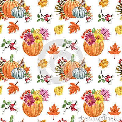 Watercolor fall plants seamless pattern. hand painted pumkins illustration, orange, red and yellow leaves and berries Cartoon Illustration