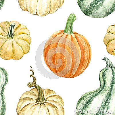 Autumn seamless pattern with pumpkins and gourd, isolated on white background. Fall botanical print. Thanksgiving design Cartoon Illustration