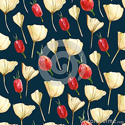 Watercolor fall seamless pattern. Hand drawn autumn texture with leaves, berries element on white background. Natural raster wallp Stock Photo