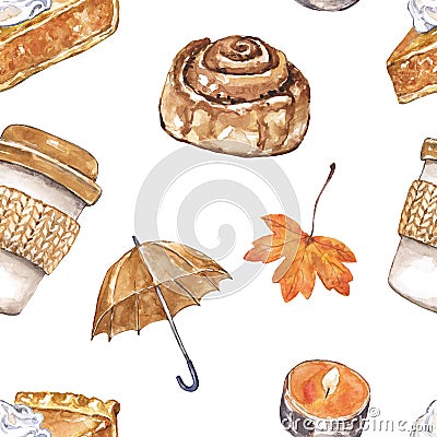 Watercolor autumn themed seamless pattern. Coffee latte, pumpkin pie, umbrella, orange foliage on white background. Cartoon Illustration