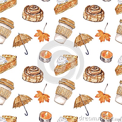 Watercolor fall season seamless pattern. Coffee latte, pumpkin pie, umbrella, foliage on white background. Autumn illustration Cartoon Illustration