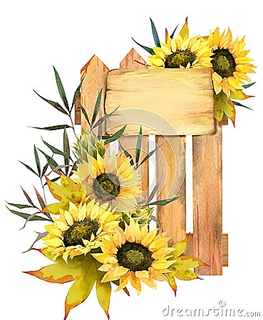 Watercolor Fall Sunflower , rustic clipart. Autumn Harvest Clip Art, Thanksgiving Day art, Stock Photo