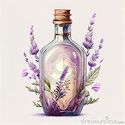 Watercolor fantasy bottle of lavander Stock Photo