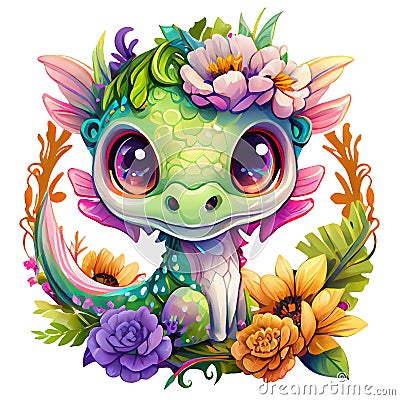 Cute painting of a adorable Smile Baby Dragon Colorful with Flower Stock Photo