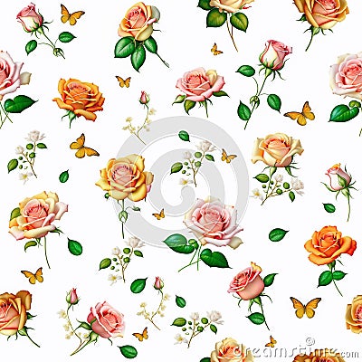 Beautiful Watercolor seamless pattern rapport with Delicate Roses isolated in white background. Illustration. Generative AI Stock Photo
