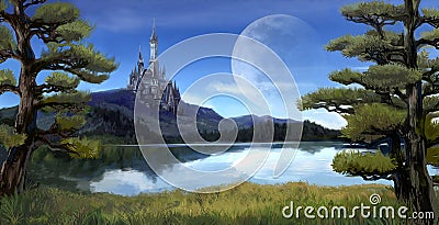 Watercolor fantasy illustration of a natural riverside lake Cartoon Illustration