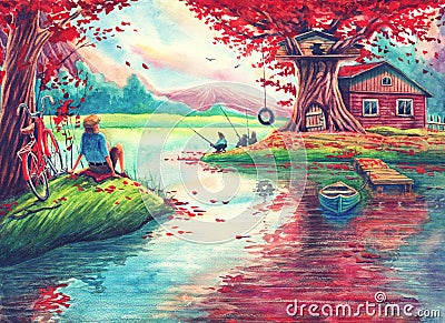 Watercolor fantasy landscape with autumn trees, lake, magic house, beautiful forest, hand drawn nature illustration painting art Cartoon Illustration