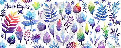 Watercolor fantasy neon sky galaxy moon leaf set. Cosmos violet purple pink blue leaves on white background. Stock Photo