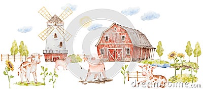 Watercolor Farm Animals Illustrations, Farmyard Illustration Stock Photo