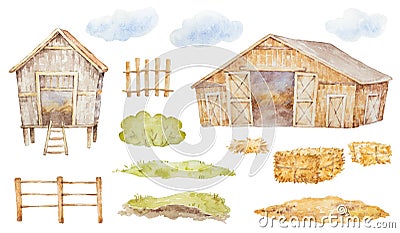 Watercolor Farm Scene Clipart, Wood Farmhouse Watercolor Clipart Stock Photo