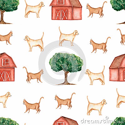 Watercolor farm seamless pattern.Domestic animals. Hand drawn objects:cat,dog,tree,barn. Hand drawn background. Stock Photo