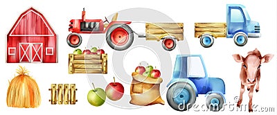 Watercolor farm vehicles and buildings set. Cow, tractor with tow, apples in wooden box, red farm and haystack Vector Illustration