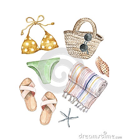 Watercolor swim wear for beach, symbols of summer vacations. Cute hand painted bikini, sandals, sunglasses, straw bag Cartoon Illustration