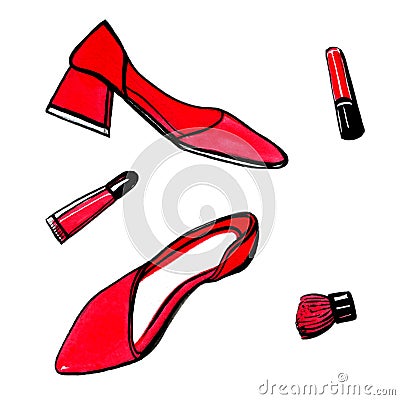 Watercolor fashion illustration accessories red shoes lipgloss and a brush colorful isolated objects on white background for Cartoon Illustration