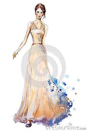 Watercolor fashion illustration, Beautiful young girl in a long dress. Wedding dress Cartoon Illustration