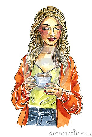 Watercolor fashion illustration, girl with blond hair in green blouse, orange jacket and blue jeans, autumn wear Cartoon Illustration