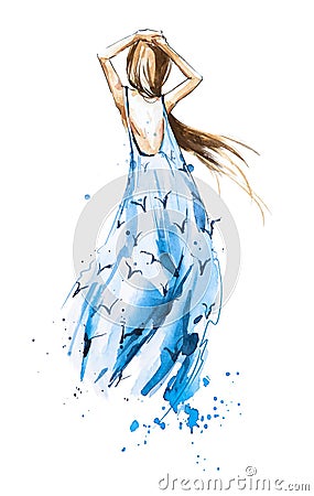 Watercolor fashion illustration, girl in a summer dress looking in the distance Cartoon Illustration