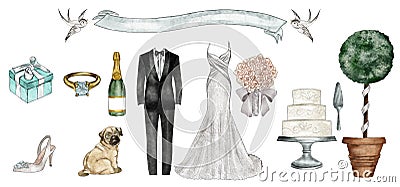 Watercolor Fashion Illustration - Wedding outfit set Stock Photo